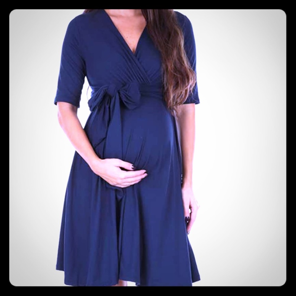 Navy knee length wrap maternity dress, size S